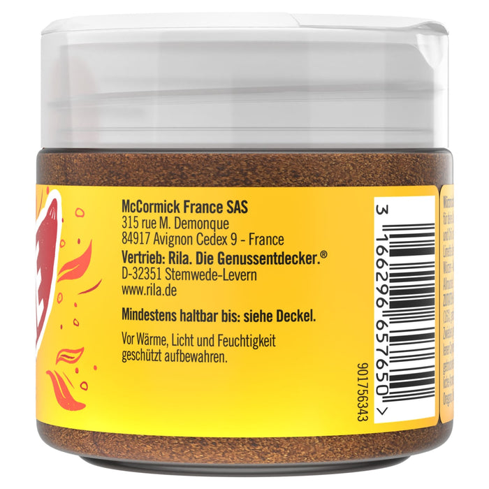 Die Rückseite eines Gewürzglases von McCormick zeigt die Hersteller- und Vertriebsinformationen sowie einen Barcode und Lagerungshinweise in deutscher Sprache.