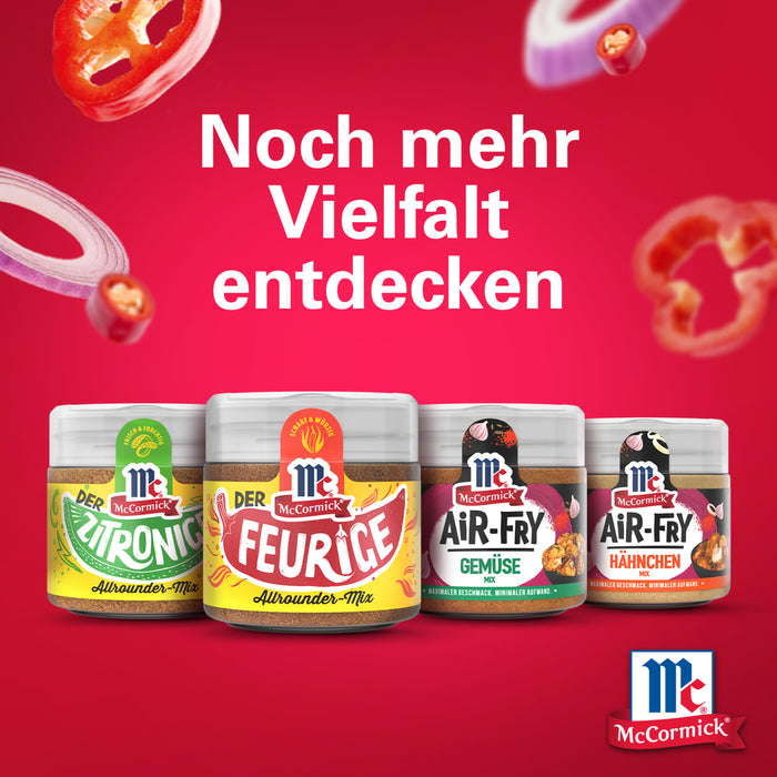 Eine McCormick GewA?rze Werbung mit dem Text Noch mehr Vielfalt entdecken, die vier verschiedene GewA?rzmischungen zeigt.