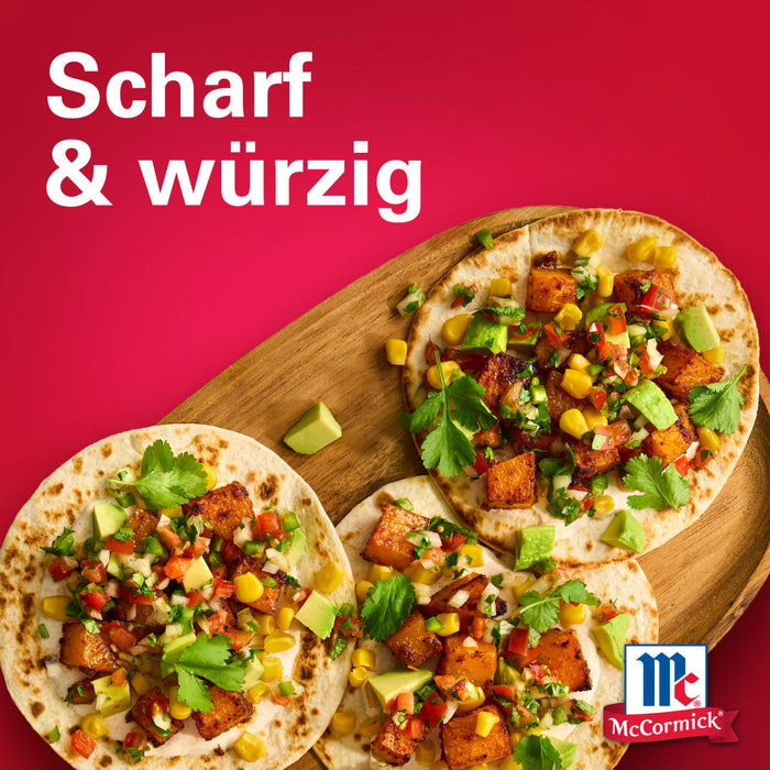 Eine Nahaufnahme von McCormicks scharfen und wA?rzigen Tacos.