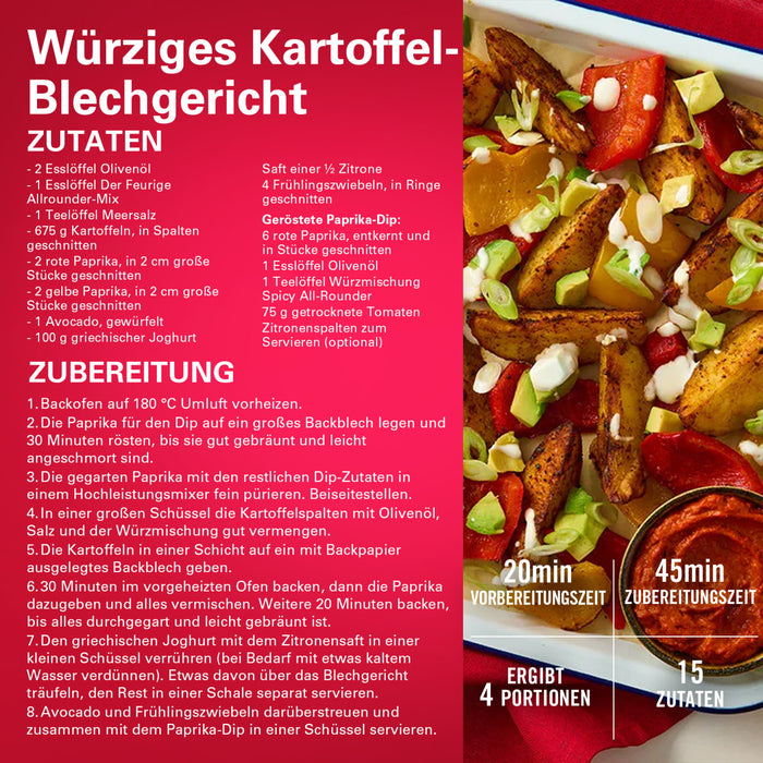 Ein lebendiges Bild, das ein wA?rziges Kartoffel-Blechgericht mit buntem GemA?se zeigt, ideal fA?r ein Rezept oder einen Food-Blog.