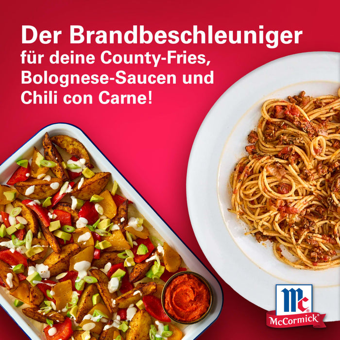 Eine McCormick-Anzeige zeigt County-Fries, Bolognese-Sauce und Chili con Carne mit dem Text Der Brandbeschleuniger fA?r deine County-Fries, Bolognese-Saucen und Chili con Camel.