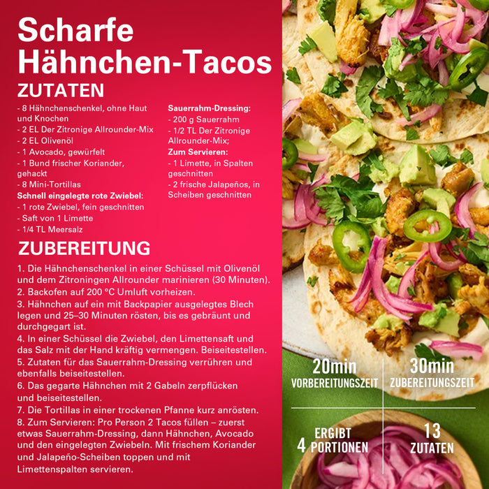 Ein lebendiges Bild mit scharfen HA?hnchen-Tacos mit frischen Zutaten, perfekt fA?r einen Food-Blog oder eine Rezept-Website.
