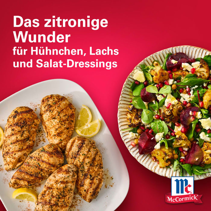 McCormick Zitronen-GewA?rzmischung auf gegrilltem HA?hnchen und Salat, um die Vielseitigkeit fA?r verschiedene Gerichte hervorzuheben.