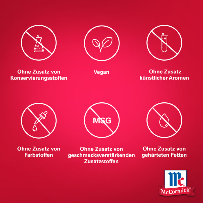 Roter Hintergrund mit weißen Symbolen und Text, der die Produkteigenschaften von McCormick angibt.