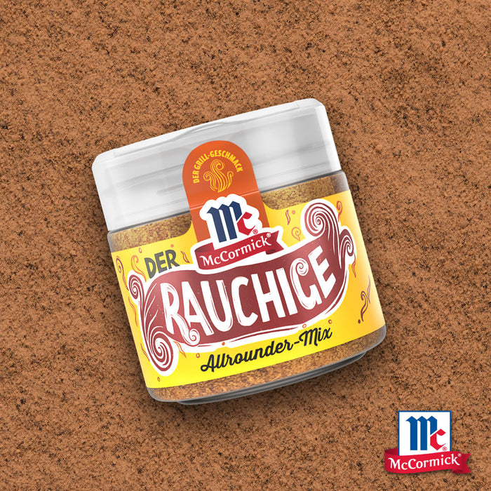 Ein Glas McCormick Rauchice GewA?rzmischung wird vor einem braunen Hintergrund gezeigt.