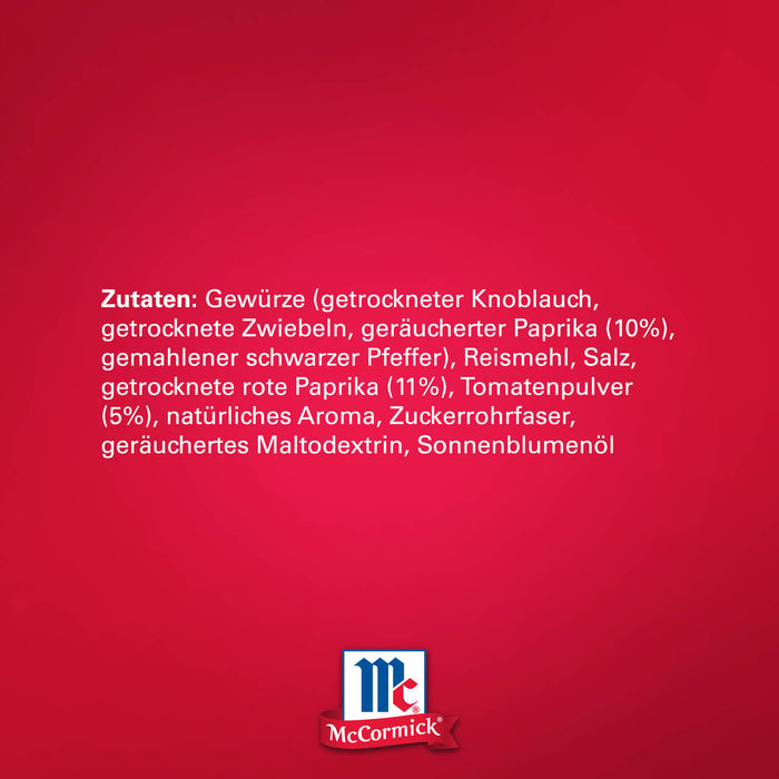 McCormick Produkt Zutatenliste mit getrocknetem Knoblauch, Zwiebeln, Paprika, Pfeffer, Petersilie, Salz, getrockneter roter Paprika, Tomatenpulver, natA?rlichem Aroma, Zucker, Maltodextrin und SonnenblumenA?l.