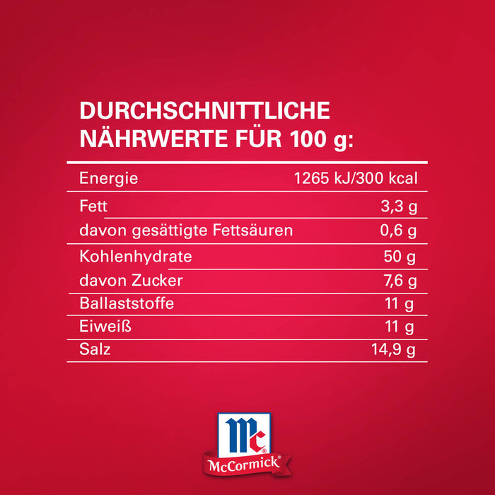 Die NA?hrwertangaben pro 100 g des Produkts von McCormick sind in einer Tabelle dargestellt.
