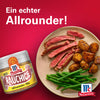 Die McCormick Rauchige Allrounder GewA?rzmischung wird neben einem Teller mit Steak, Kartoffeln und grA?nen Bohnen gezeigt.