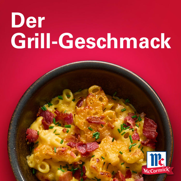 Eine SchA?ssel mit Mac and Cheese mit Speck und Schnittlauch, mit dem McCormick-Logo, die fA?r Grillgeschmack wirbt.