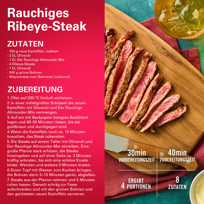 Dieses Bild zeigt ein Rezept fA?r rauchiges Ribeye-Steak, wobei die Zutaten und Zubereitungsschritte hervorgehoben werden.