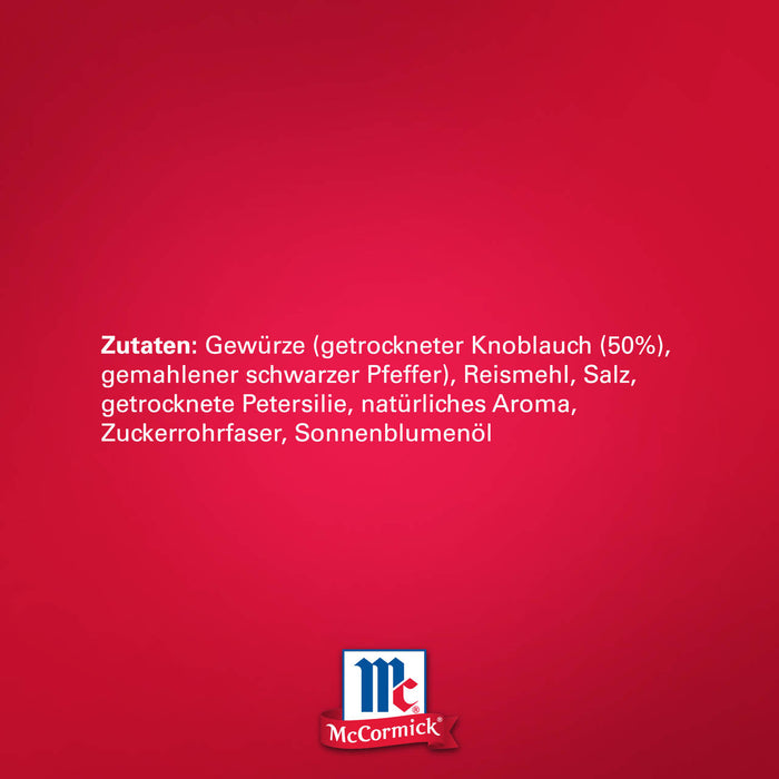 Das Bild zeigt die Zutatenliste fA?r ein McCormick-Produkt, einschlieA?lich getrocknetem Knoblauch, schwarzem Pfeffer, Petersilie, Salz und natA?rlichen Aromen.