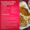 Dieses Bild zeigt ein Rezept fA?r Knoblauch-HA?hnchen-Schnitzel und hebt die Zutaten und Zubereitungsschritte hervor.
