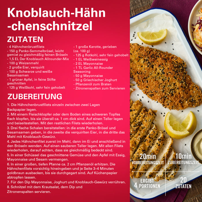 Dieses Bild zeigt ein Rezept fA?r Knoblauch-HA?hnchen-Schnitzel und hebt die Zutaten und Zubereitungsschritte hervor.