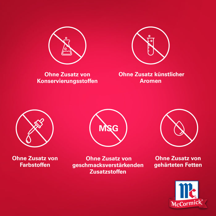Roter Hintergrund mit weißen Symbolen und Text, der die Produkteigenschaften von McCormick angibt.