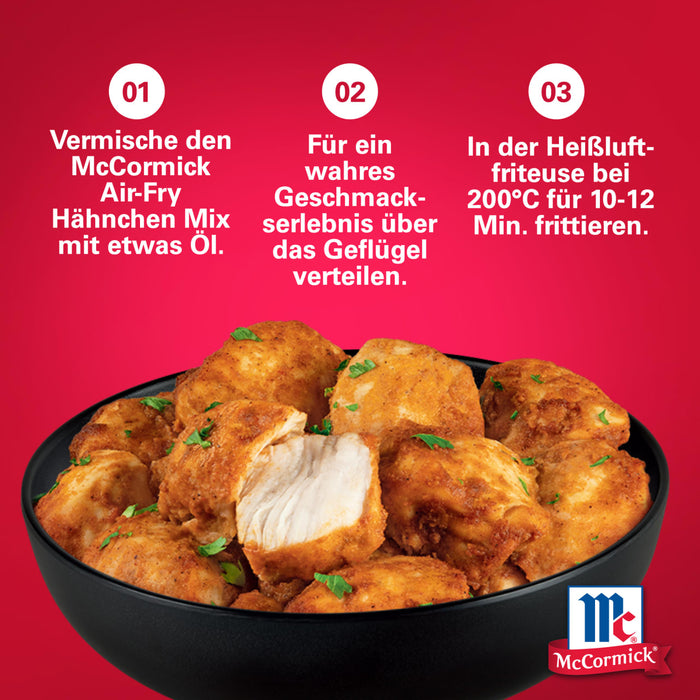 Eine SchA?ssel mit HA?hnchenstA?cken, die mit McCormick Air-Fry HA?hnchen Mix paniert sind, wird zusammen mit Zubereitungshinweisen gezeigt.