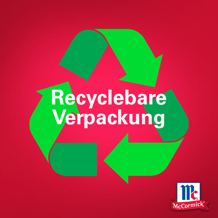 Grünes Recycling‑Symbol auf rotem Hintergrund mit dem Text „Recyclebare Verpackung“ und McCormick‑Logo.