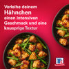 Werbung für McCormick‑Gewürz mit Huhn und grünen Bohnen auf rotem Hintergrund.