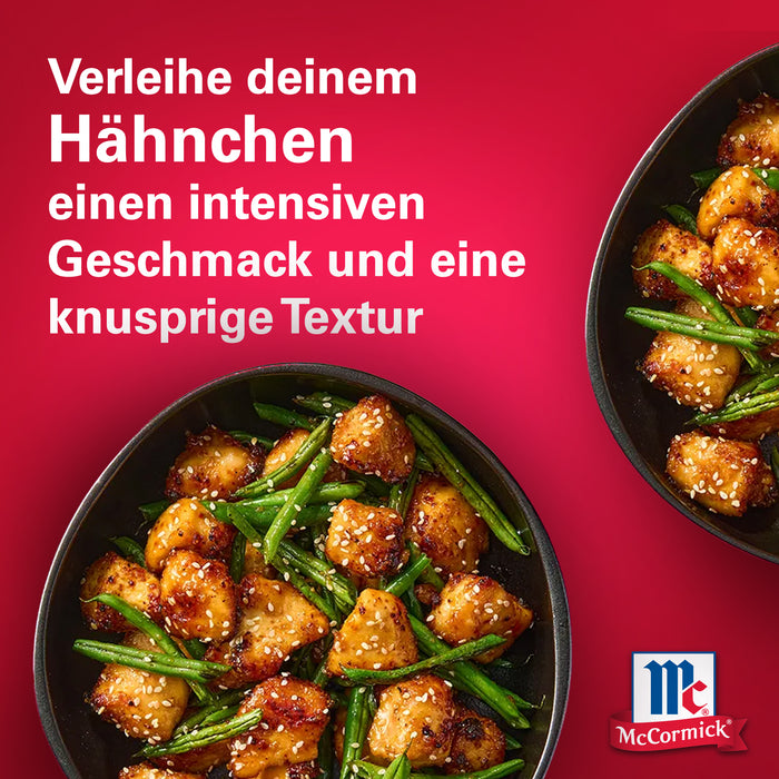 Werbung für McCormick‑Gewürz mit Huhn und grünen Bohnen auf rotem Hintergrund.