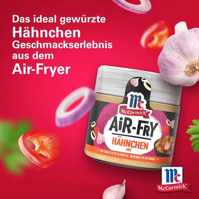 McCormick Air‑Fry Gewürzmischung mit Gemüse auf rotem Hintergrund.