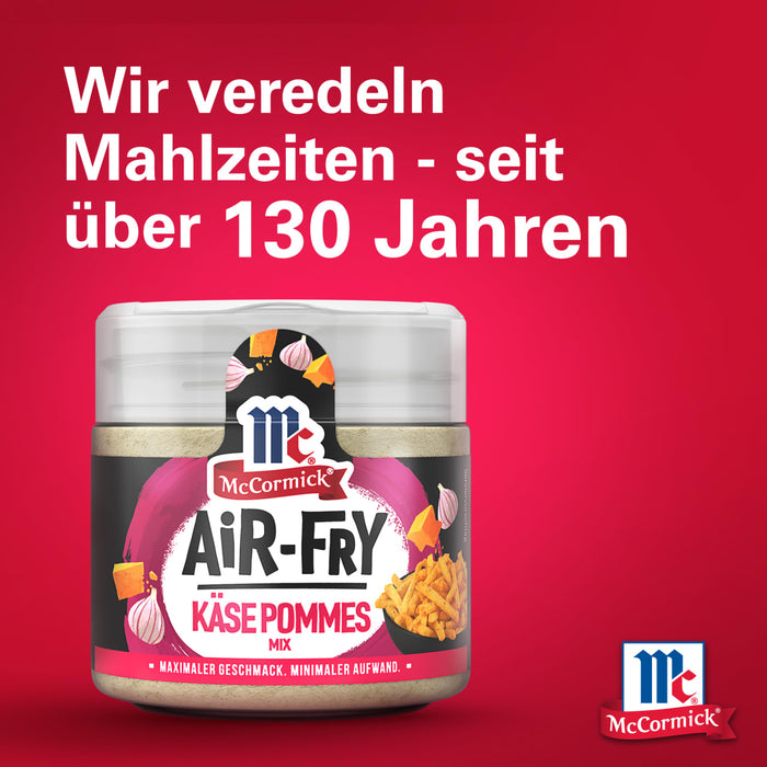 McCormick Air-Fry KA?se Pommes GewA?rz wird mit dem Slogan Wir veredeln Mahlzeiten seit A?ber 130 Jahren beworben.