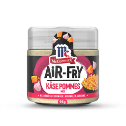 Ein Mccormick Global Template De Produkt, dieser McCormick AIR-FRY KÄSE POMMES MIX Gewürzstreuer zeigt ein schwarzes Etikett mit einem rosa Wirbel, Käsewürfeln, Knoblauch und einer Schale gewürzter Pommes Frites, mit einem Nettogewicht von 95g.
