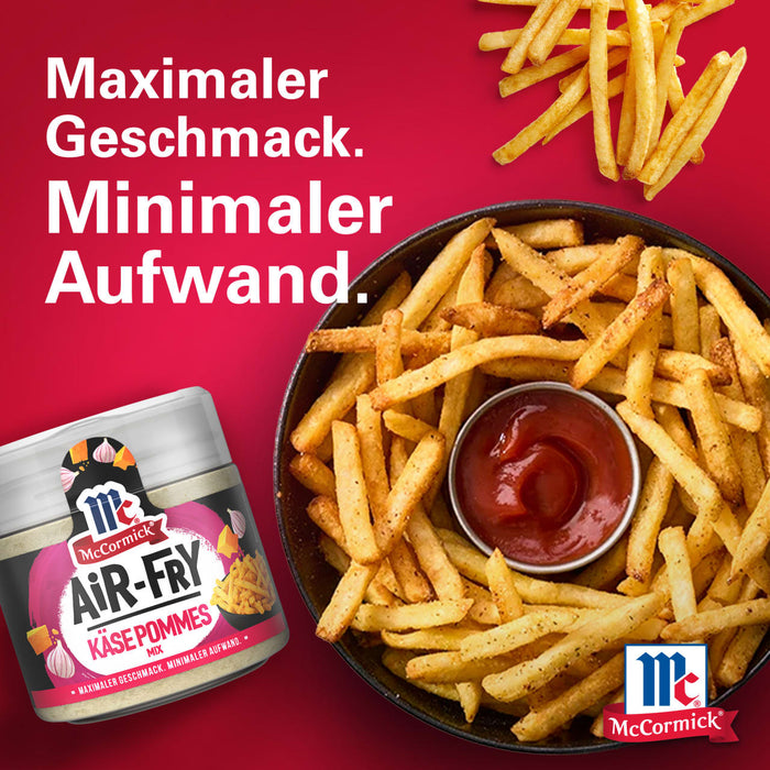 McCormick Air Fry GewA?rzmischung Werbung mit goldenen Pommes Frites mit Ketchup und dem Slogan Maximaler Geschmack, Minimaler Aufwand.