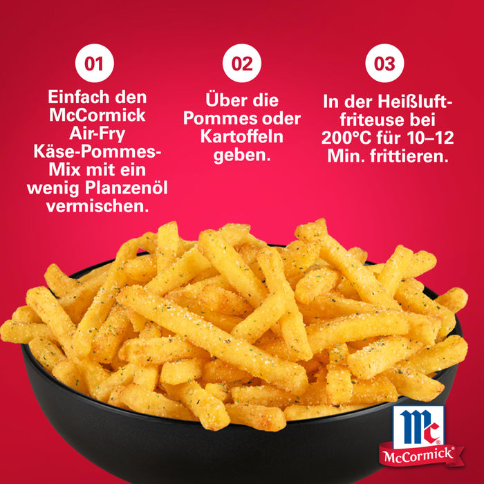 McCormick Air-Fry Klare-Pommes-Mix wird auf einer SchA?ssel mit Pommes Frites mit Anweisungen zur Zubereitung gezeigt.