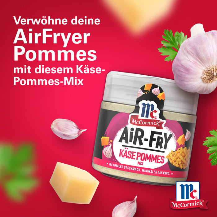 McCormick Air Fryer KA?se Pommes GewA?rzmischung wird in diesem Werbebild mit Knoblauch, KA?se und Petersilie hervorgehoben.