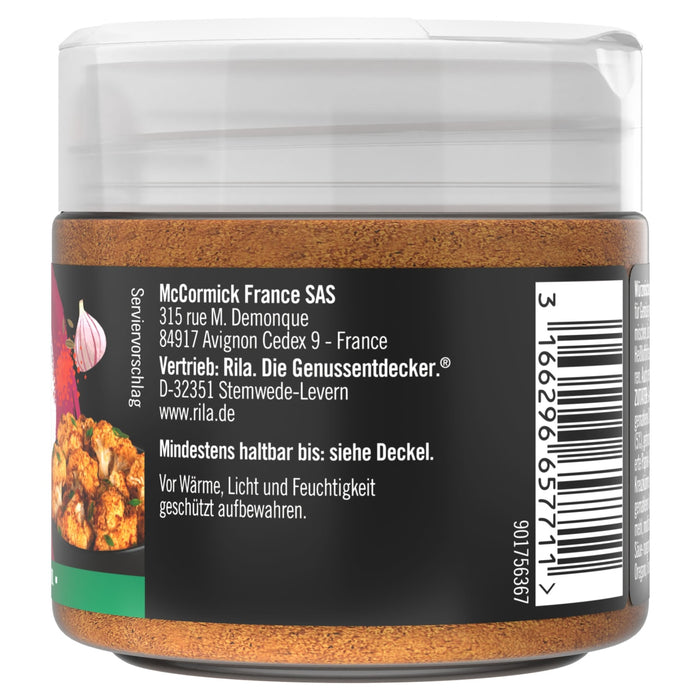 Die Rückseite eines Gewürzglases von McCormick, die die Herstellerinformationen auf Deutsch, einen Barcode und einen Serviervorschlag mit gewürztem Blumenkohl zeigt.