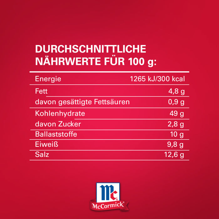 Die NA?hrwertangaben pro 100g des McCormick-Produkts werden auf rotem Hintergrund angezeigt.