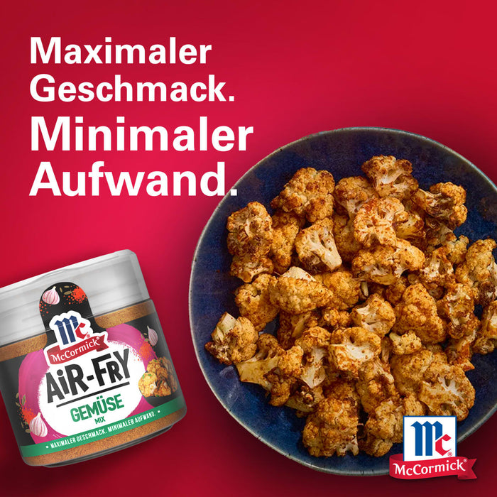 Ein Glas McCormick Air Fry GewA?rz wird neben einem Teller mit gewA?rzten Blumenkohlbissen prA?sentiert, um maximalen Geschmack bei minimalem Aufwand zu bewerben.