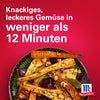 McCormick Werbung mit einem Teller gerA?stetem GemA?se und dem Text Knackiges, leckeres GemA?se in weniger als 12 Minuten.