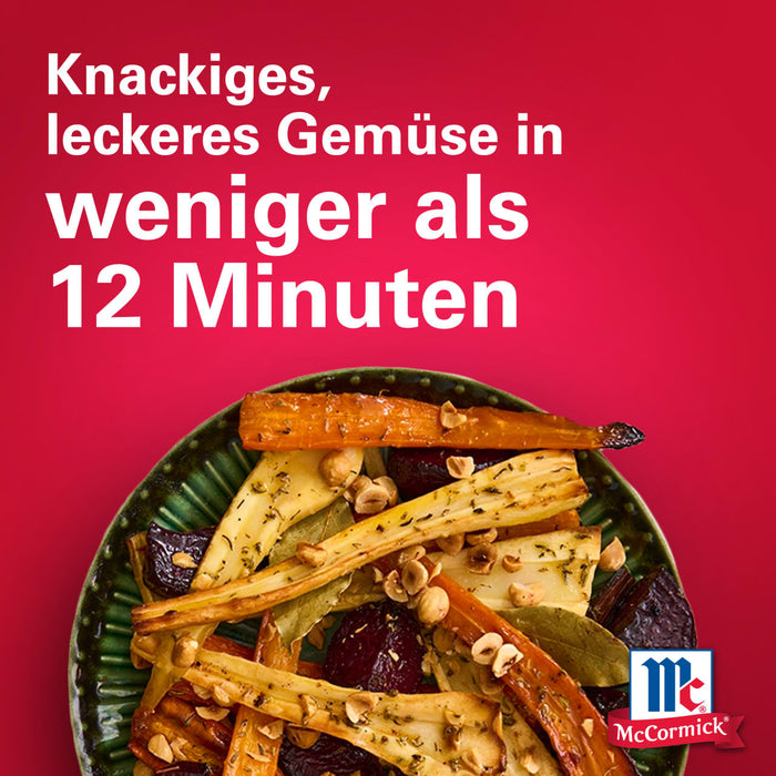 McCormick Werbung mit einem Teller gerA?stetem GemA?se und dem Text Knackiges, leckeres GemA?se in weniger als 12 Minuten.