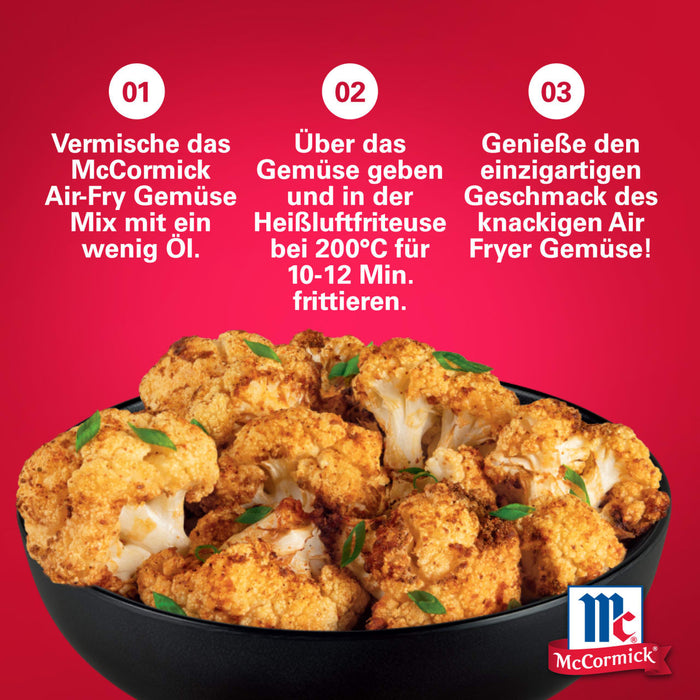 McCormick Air Fryer GemA?semix Rezeptanleitung wird A?ber einer SchA?ssel mit goldbraunem Blumenkohl angezeigt.