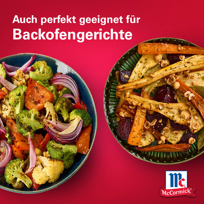 McCormick GewA?rz ist perfekt fA?r Ofengerichte, wie das Bild mit buntem gerA?stetem GemA?se zeigt.