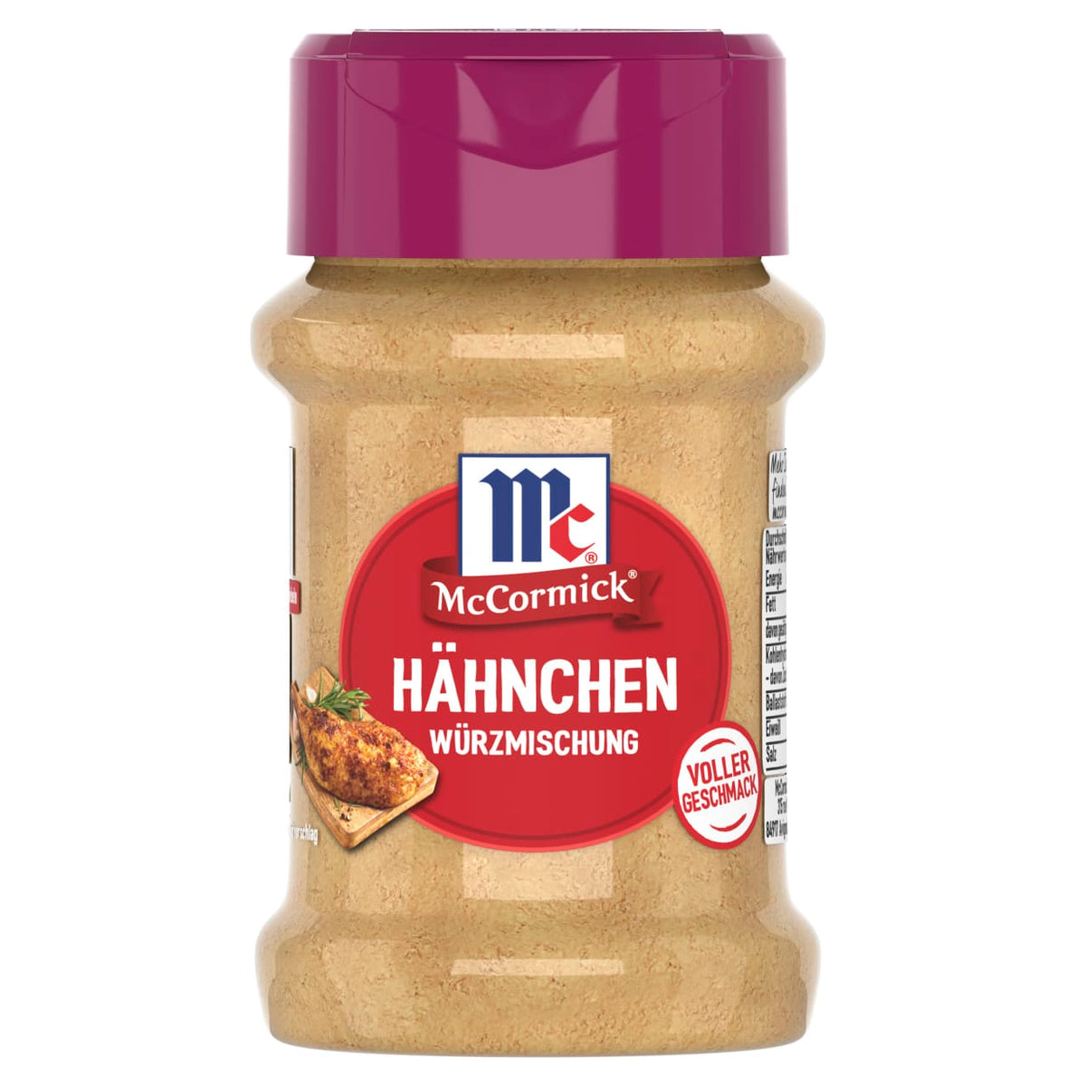 Ein durchsichtiges Glas McCormick Hähnchen Würzmischung, eine deutsche Gewürzmischung für Hähnchen, wird mit einem magentafarbenen Deckel und einem roten Etikett vor einem weißen Hintergrund gezeigt.