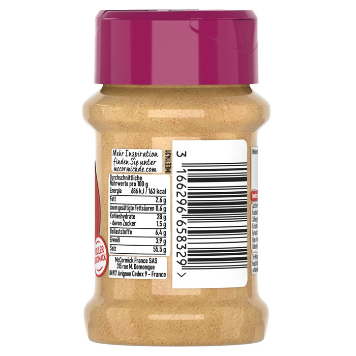 Die Rückseite eines McCormick-Gewürzglases mit magentafarbenem Deckel, die die Nährwertangaben und Herstellerdetails auf Deutsch auf dem Etikett zeigt.