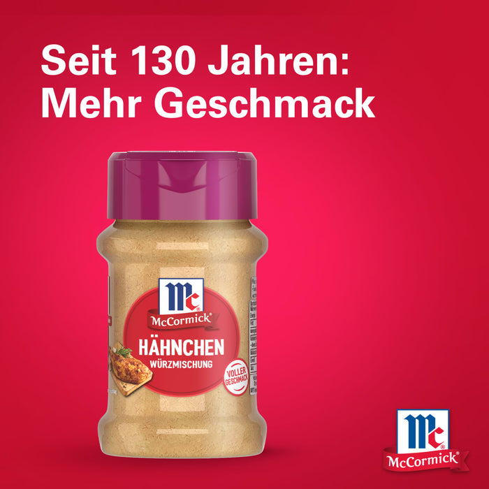 Eine Flasche Srpet Chick Seas X06-Ge Hähnchen Würzmischung wird vor einem roten Hintergrund präsentiert, der 130 Jahre McCormick Geschmack feiert.