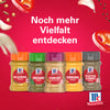 Eine Werbegrafik mit fünf McCormick Gewürzgläsern einschließlich Srpet Chick Seas X06-Ge vor einem leuchtend roten Hintergrund mit schwebenden Zutaten.