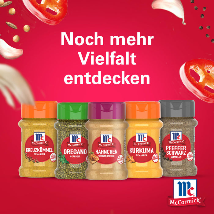 Eine Werbegrafik mit fünf McCormick Gewürzgläsern einschließlich Srpet Chick Seas X06-Ge vor einem leuchtend roten Hintergrund mit schwebenden Zutaten.