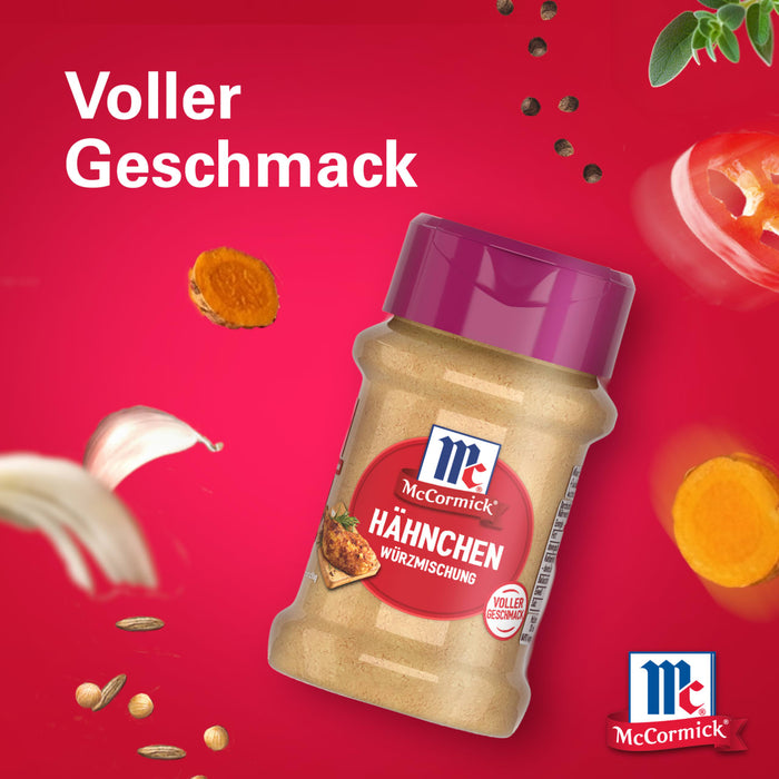 Eine Werbegrafik für Srpet Chick Seas X06-Ge mit einer Flasche McCormick Hähnchen Würzmixtung umgeben von schwebenden Zutaten wie Knoblauch und Kurkuma auf einem leuchtend roten Hintergrund.