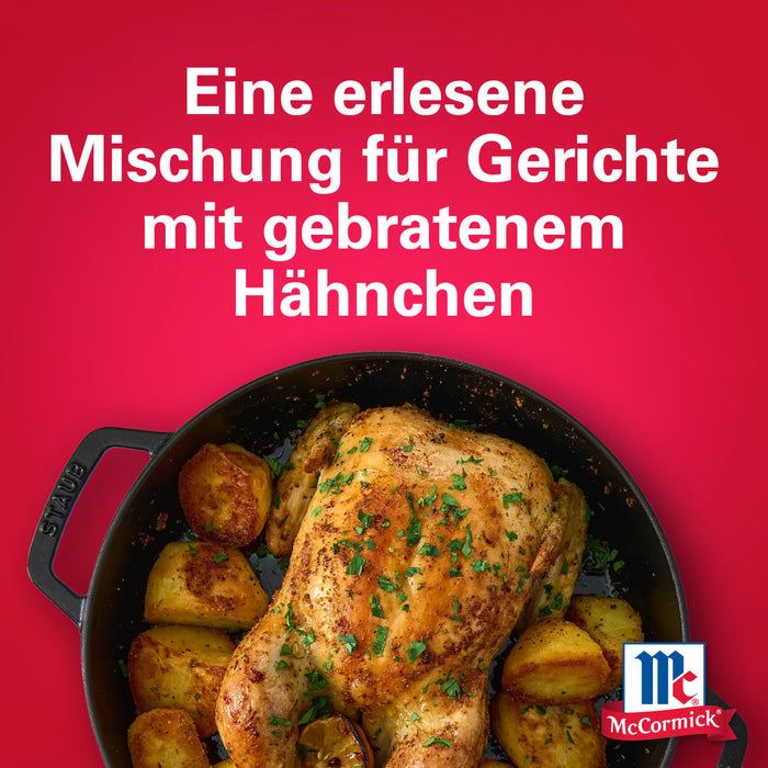 Ein ganzes Brathähnchen und goldene Kartoffeln gewürzt mit Srpet Chick Seas X06-Ge in einer schwarzen gusseisernen Pfanne vor rotem Hintergrund mit dem McCormick Logo.