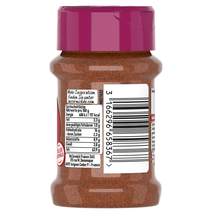 Die Rückseite eines Gewürzglases von McCormick, die die Nährwerttabelle und die Herstelleradresse in deutscher Sprache zeigt.