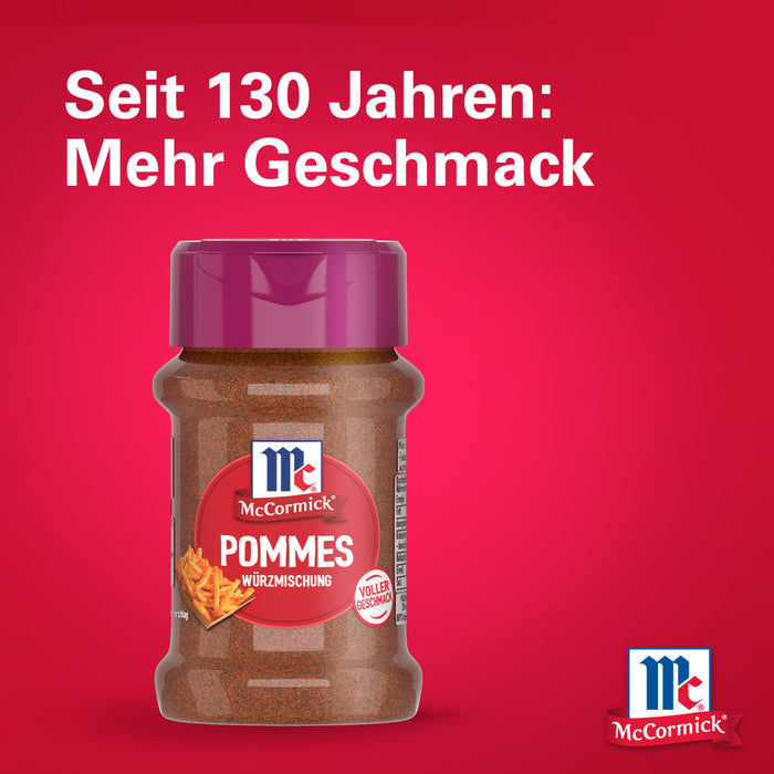 Eine Flasche McCormick Pommes Wurzmischung bekannt als Srpet Chip Seas X06-Ge wird vor einem roten Hintergrund mit Text präsentiert der 130 Jahre Geschmack feiert.