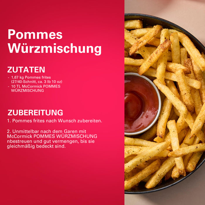 Eine digitale Infografik mit einer Schüssel gewürzter Pommes frites mit Ketchup neben einem Rezept für Srpet Chip Seas X06-Ge.