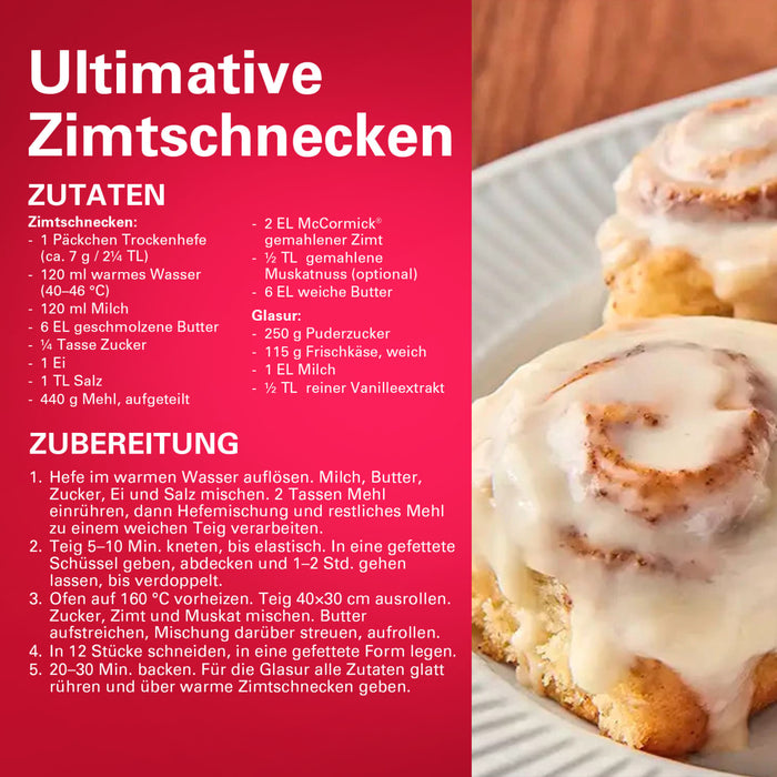 Diese deutsche Rezeptkarte für ultimative Zimtschnecken führt Srpet Cinnamon Gd X06-Ge als Hauptzutat für die Füllung und den Teig auf.