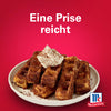 Ein Teller mit Zimt-Zucker-Waffelsticks garniert mit Schlagsahne und einer Prise Srpet Cinnamon Gd X06-Ge unter dem Text Eine Prise reicht mit dem McCormick-Logo.