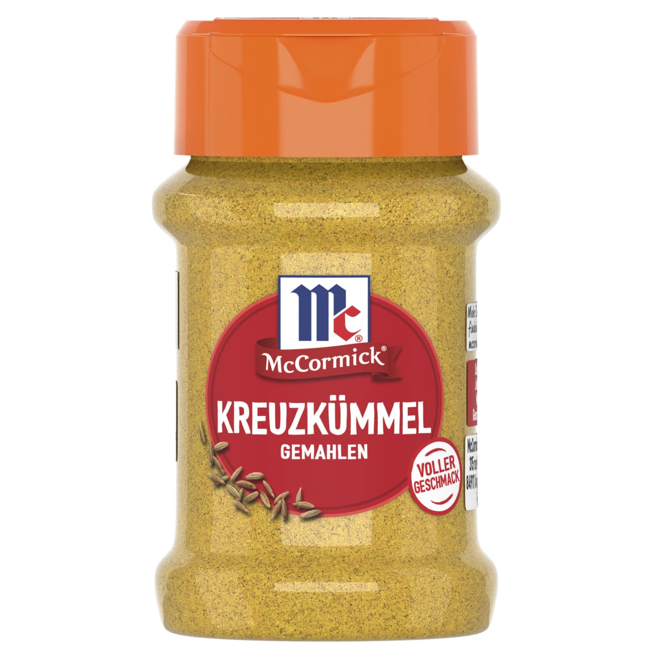 Ein durchsichtiges Gewürzglas aus Kunststoff mit einem orangefarbenen Klappdeckel enthält McCormick Kreuzkümmel Gemahlen vor einem weißen Hintergrund.