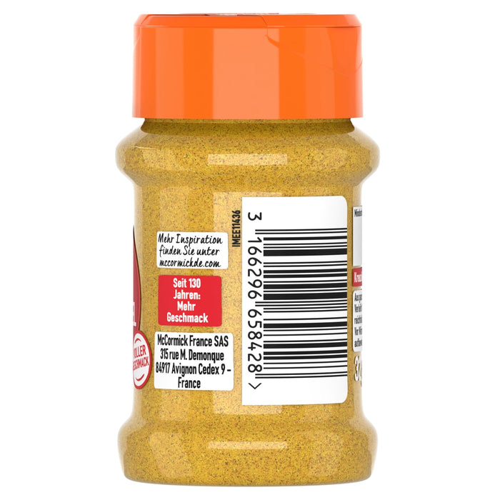Die Seite eines McCormick-Gewürzglases mit gemahlenem Kreuzkümmel, die das deutsche Etikett mit Firmeninformationen und einem Barcode zeigt.