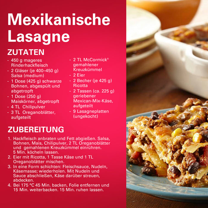 Diese Rezept-Infografik für mexikanische Lasagne enthält Srpet Cumin Gd X06-Ge als wichtiges Gewürz für die Rindfleisch-Bohnen-Füllung.
